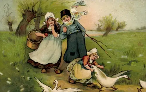 Ak Kinder in niederländische Tracht, Gänsehirt