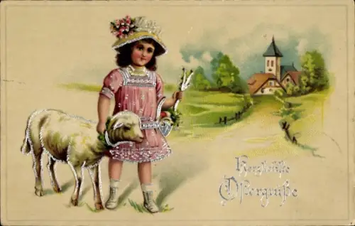 Präge Ak Glückwunsch Ostern, Kind, Lamm