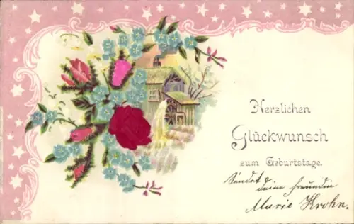 Präge Ak Kitsch, Wassermühle, Verzierung, Blumen