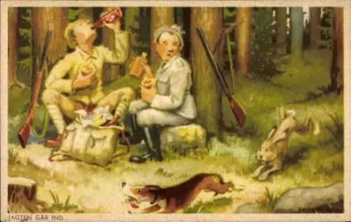 Ak Zwei Jäger machen Pause im Wald, Hund wird von einem Hasen gejagt