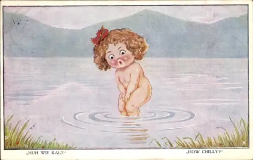 Ak Mädchen badet im See, Huh wie kalt