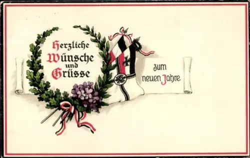 Litho Glückwunsch Neujahr, Fahnen, Lorbeer, Eichenlaub