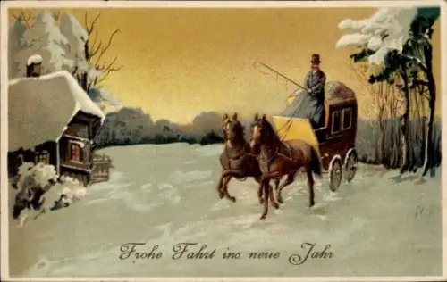 Präge Ak Glückwunsch Neujahr, Postkutsche in Winterlandschaft