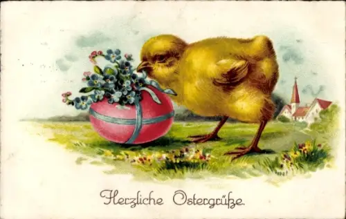 Ak Glückwunsch Ostern, Küken, Osterei, Blumen