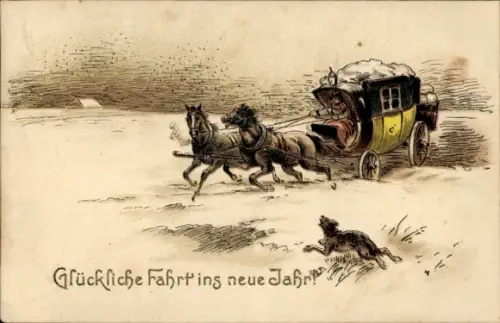 Ak Glückwunsch Neujahr, Kutsche, Hund