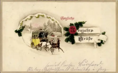 Ak Glückwunsch Neujahr, Kutsche, Tannenzweige