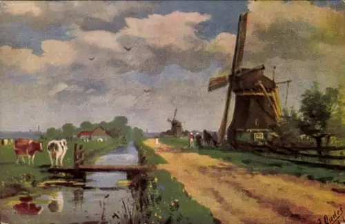 Künstler Ak Windmühle an einem Kanal, Kuhweide
