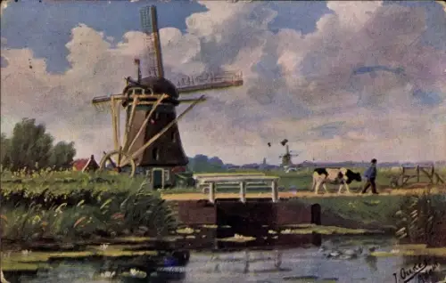 Künstler Ak Landschaftsmotiv, Windmühle, Bauer mit Kuh
