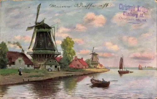 Künstler Ak Partie mit Windmühlen, Rudernde und segelnde Menschen