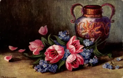 Künstler Ak Schneider, Blumenstillleben, Tulpen, Vergissmeinnicht, Blumenvase