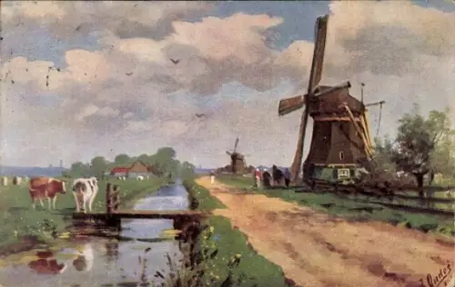 Künstler Ak Windmühle, Kühe, Fluss, Brücke