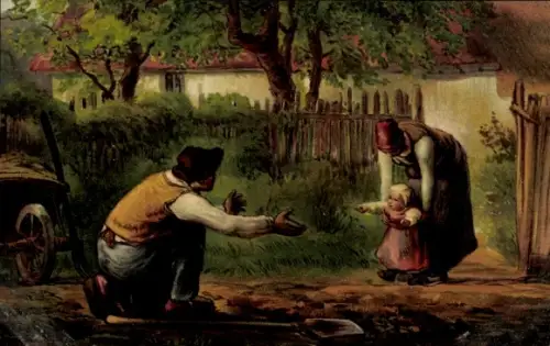 Künstler Ak Millet, Die ersten Schritte, Mädchen lernt laufen, Vater und Mutter, NKG 316