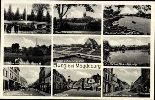 Ak Burg bei Magdeburg, Straßenpartie, Marktplatz, Bahnhofsanlagen