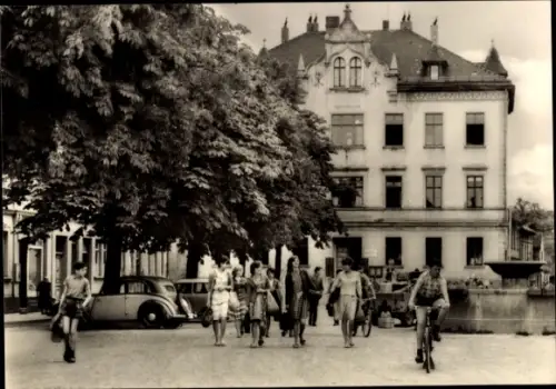 Ak Triptis in Thüringen,  Am Marktplatz, Brunnen, Marktgebäude, Kastanienbaum, Fußgängergruppe, F