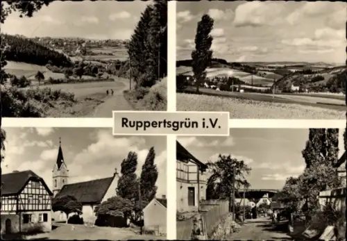 Ak Ruppertsgrün Fraureuth im Vogtland Sachsen,  Dorfkirche, Fachwerkhäuser, Ortsansichten