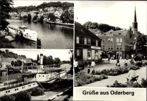 Ak Oderberg in der Mark, Am Oder-Havel-Kanal, Raddampfer 'Riesa' (Museumsschiff), Blick zum Markt