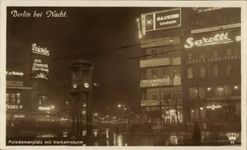 Ak Berlin Tiergarten, Potsdamer Platz mit Verkehrsturm, Leuchtreklame Sarotti, Dujardin