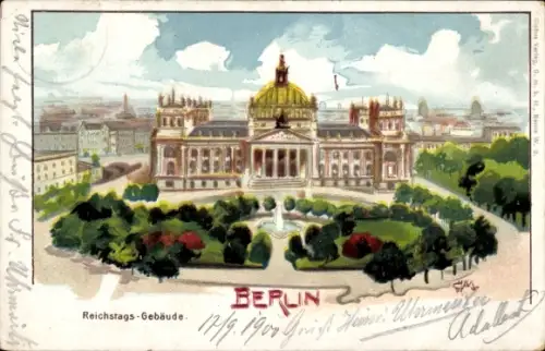 Künstler Ak Berlin Tiergarten, Reichstagsgebäude, Bismarckdenkmal