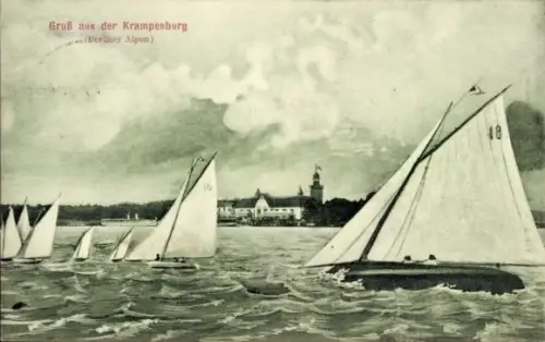 Ak Berlin Köpenick Müggelheim, Gastwirtschaft Krampenburg, Segelboote auf dem Wasser