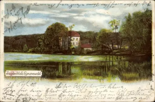 Litho Berlin Wilmersdorf Grunewald, Blick auf das Jagdschloss, See