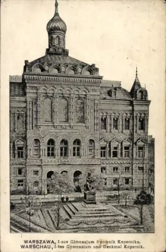 Ak Warszawa Warschau Polen, Gymnasium I, Kopernikus Denkmal
