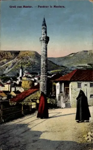 Ak Mostar Bosnien Herzegowina,  Minarett, Moschee, Straßenansicht