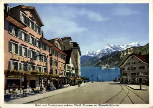 Ak Brunnen Kt Schwyz, Hotel und Pension zum weissen Rössli,  Vierwaldstättersee