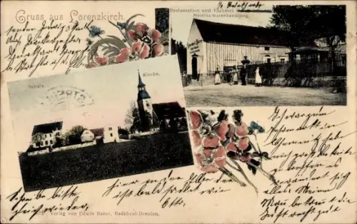 Ak Lorenzkirch Zeithain in Sachsen,  Schule, Kirche, Restauration und Bäckerei, Material- und War
