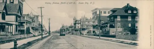 Ak Ocean City New Jersey USA, Wesley Avenue, Straßenansicht,  Straßenbahn, Wohnhäuser