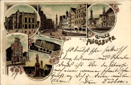 Litho Augsburg in Schwaben, Theater, Zeughaus, Herkulesbrunnen, Justizpalast, Denkmal