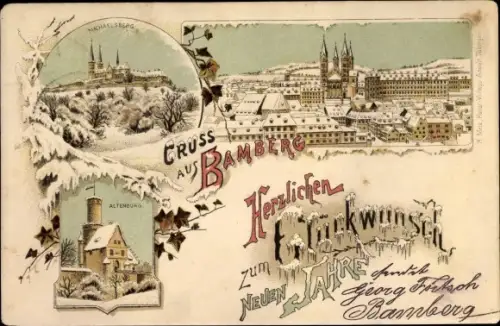 Litho Bamberg in Oberfranken, Glückwunsch Neujahr, Michaelsberg, Altenburg, Panorama vom Ort