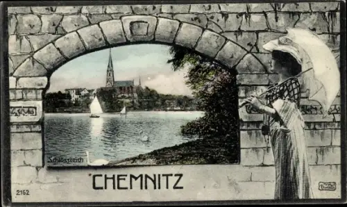 Passepartout Ak Chemnitz in Sachsen, Schlossteich, Frau mit Schirm