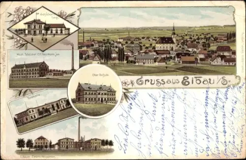 Litho Eibau Kottmar in der Oberlausitz, Schützenhaus, Weberei C.F. Neumann jun., Turnhalle