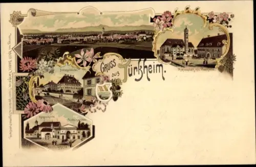 Litho Türkheim im Unterallgäu, Amtsgebäude, Klosterkirche, Marienplatz, Pfarrkirche