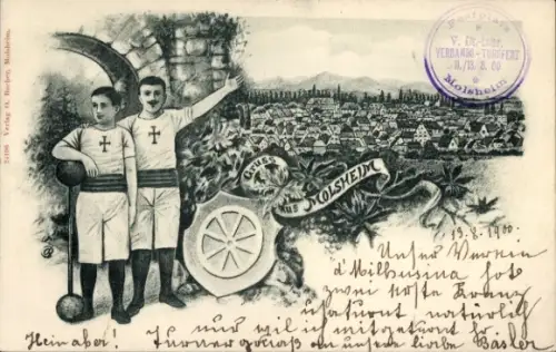 Wappen Ak Molsheim Elsass Bas Rhin, Gesamtansicht, Gewichtheber