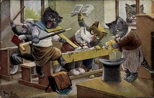 Künstler Ak Thiele, Arthur, Das Verhängnis naht, vermenschlichte Katzen in der Schule