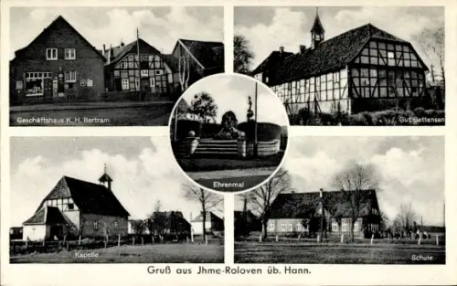 Ak Ihme Roloven Ronnenberg in Niedersachsen, Schule, Gut Bettensen, Ehrenmal, Geschäftshaus