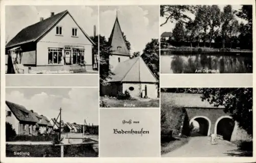 Ak Badenhausen Bad Grund im Harz, Geschäft, Kirche, Dorfteich, Brücke, Siedlung