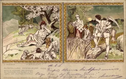 Künstler Litho Roeber, Fritz, Düsseldorf am Rhein, Viehzucht, Landwirtschaft, Ausstellung 1902