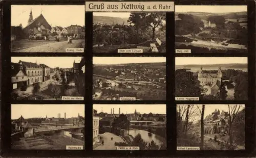 Ak Kettwig Essen im Ruhrgebiet, Gesamtansicht, Schloss, Evangelische Kirche