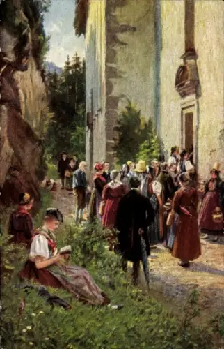 Künstler Ak Vor der Wallfahrtskirche, Frauenverein Gutach, Schwarzwälder Trachten