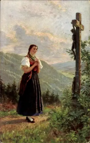 Künstler Ak Hasemann, W., Betende Frau, Kruzifix