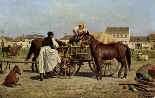 Künstler Ak Wagner, Alex., Marktszene in Ungarn, Pferde, ungarische Tracht