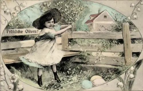 Ak Glückwunsch Ostern, Mädchen, Weidenkätzchen, Ostereier, Maiglöckchen
