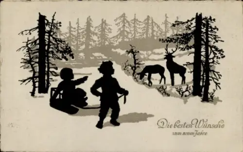 Scherenschnitt Ak Glückwunsch Neujahr, Kinder, Reh, Hirsch, Wald