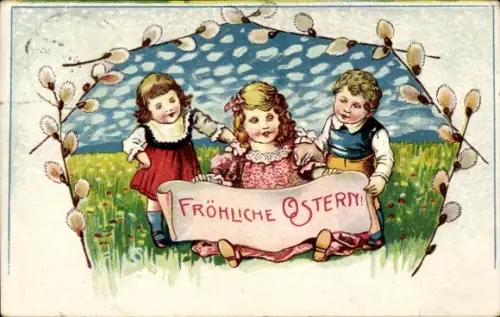 Passepartout Ak Glückwunsch Ostern, Kinder, Wiese, Weidenkätzchen