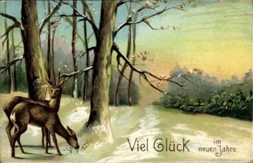 Präge Ak Fröhliches Neujahr, Reh, Rehbock, Wald
