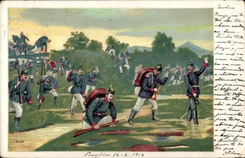 Ak Deutsche Soldaten laufen im Regen, Propaganda, Kaiserzeit