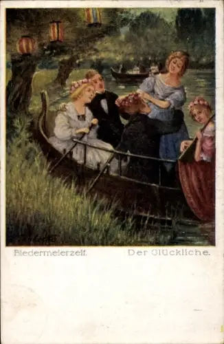 Künstler Ak Menschen im Ruderboot, Der Glückliche, Biedermeierzeit