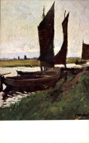 Künstler Ak Köster, Eduard, Schiffe auf der Hamme, Worpswede, Moor Kanal